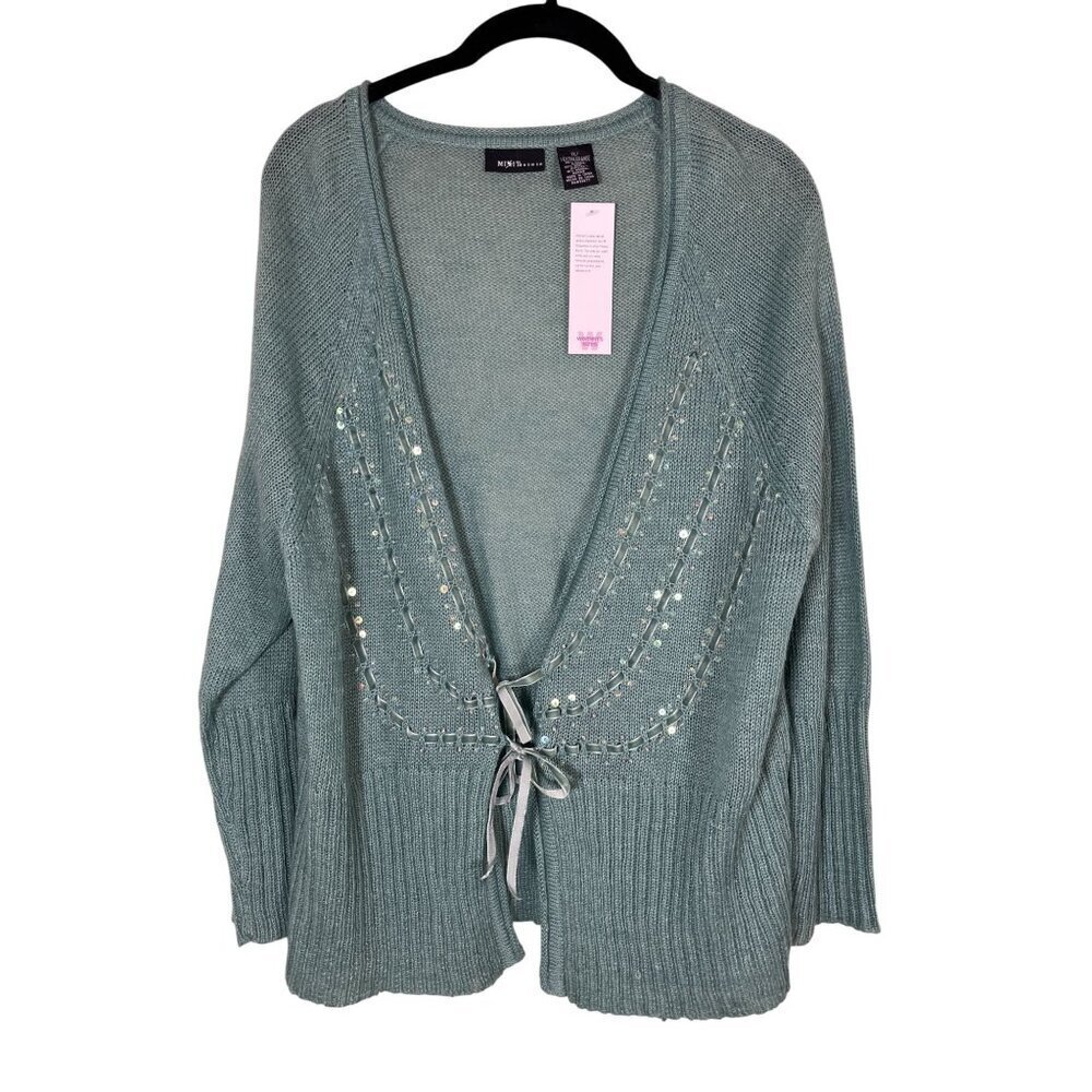 Mixit Beaded Sequin Knit Sweater 1X Green Feminine Fairy Whimsical Preppy Chic